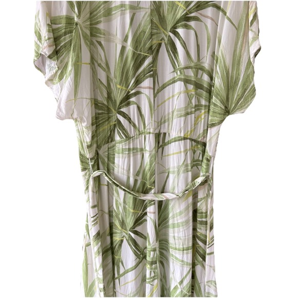 H&M Tie-Belt Palm Leaves Maxi Shirt Dress XL Vacation Beach Tropical Green White - Picture 8 of 8